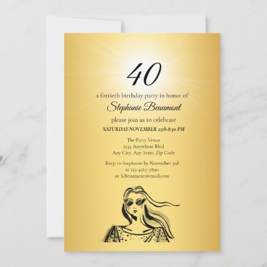 Invitation Fabulous Forty Woman Gold Sketch 40th Birthday (Dos)