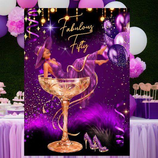 Invitation Fabulous Fun Birthday Purple Champagne Glass