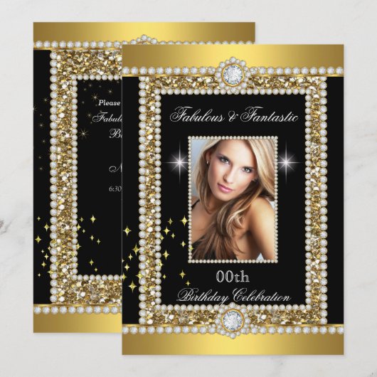 Invitation Fabulous Gold Black Glamor Hollywood Diamond (Devant / Derrière)