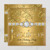 Invitation Fabulous Gold Floral Damask Diamond fête d'anniver (Devant / Derrière)