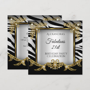 Invitation Fabulous Noir Blanc Zèbre Or 21e Anniversaire