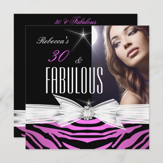 Invitation Fabulous Pink Black Zebra 30e fête d'anniversaire (Devant / Derrière)