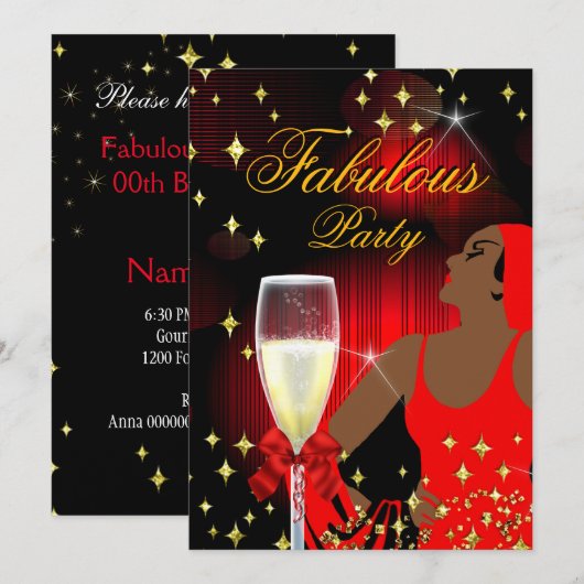 Invitation Fabulous Red Parties scintillant Diva fête d'anniv (Devant / Derrière)