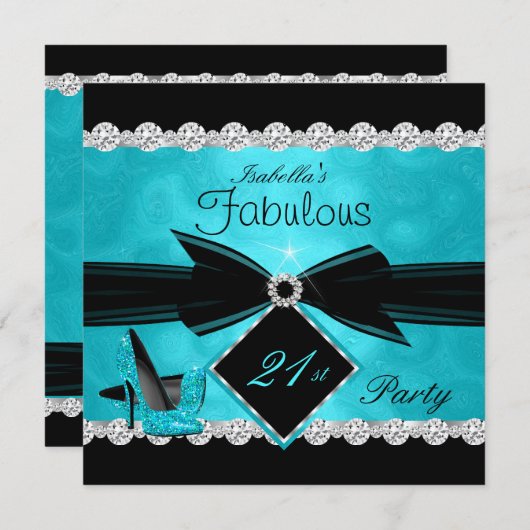 Invitation Fabuluseux 21 Anniversaire Turquoise Noir Argent F (Devant / Derrière)