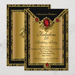 Invitation Fabulux 50 Élégant Damassé Or Rouge Gemme Annivers