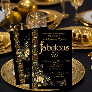 Invitation Fabulux 50 Noirs floraux Or papillon d'anniversair