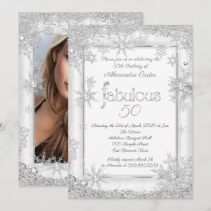 Invitation Fabulux 50 Photo Argent Blanc Flocon de neige fête