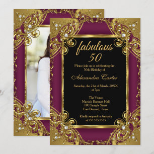 Invitation Fabulux 50 Photo Plum Or Perle Fête d'anniversaire