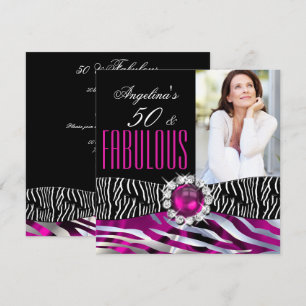 Invitation Fabulux 50 Zèbre Noir Rose Argent Fête d'anniversa