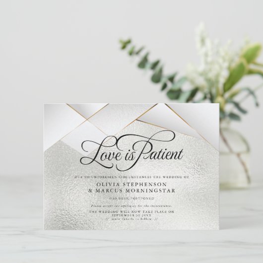 Invitation Facettes blanches en or gelé Mariage reportées (Debout devant)