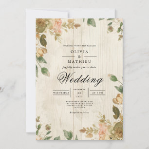 Invitation Faded Floral Timber Rustic Mariage