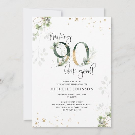 Invitation Faire 90 paraître Bon Vert Or Botanique Anniversai (Devant)