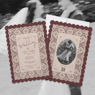 Invitation Faire-ancienne dentelle napperon mariage bordeaux
