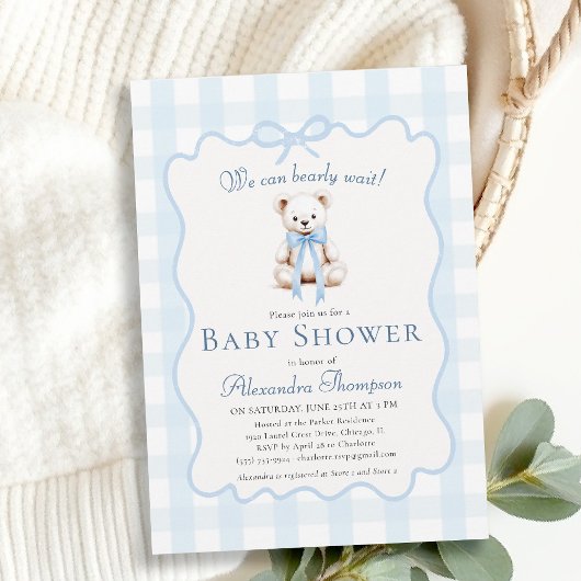 Invitation Faire Attendre Ours Nœud Papillon Bleu Vichy Baby 