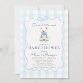 Invitation Faire Attendre Ours Nœud Papillon Bleu Vichy Baby  (Devant)
