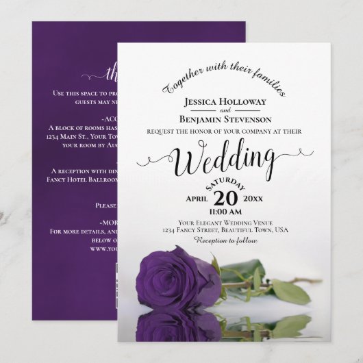 Invitation Faire calligraphie Code QR Rose Violette Mariage (Devant / Derrière)