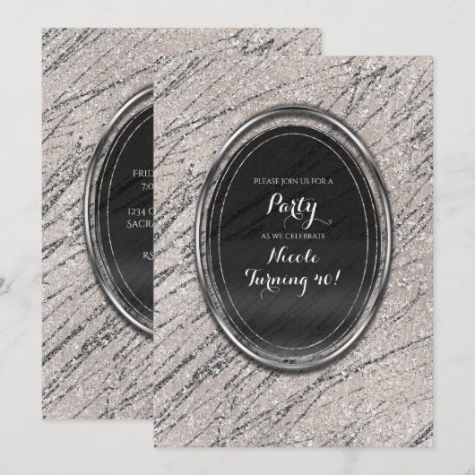 Invitation Faire part chic rayure marbre glam beige et argent (Devant / Derrière)