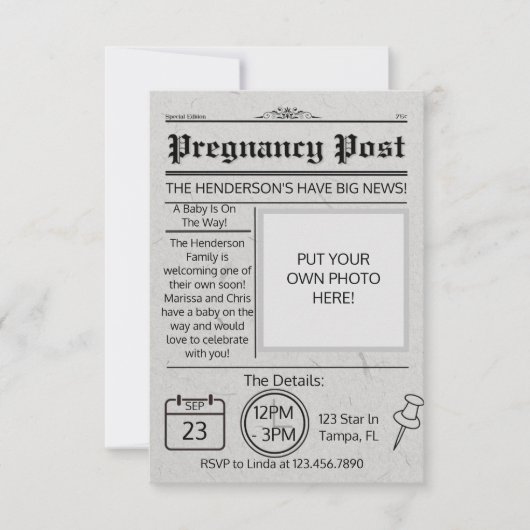 Invitation Faire-part de Baby shower de journal (Devant)