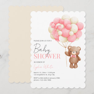 Invitation Faire part de Baby Shower Fille, Ourson Teddy Rose