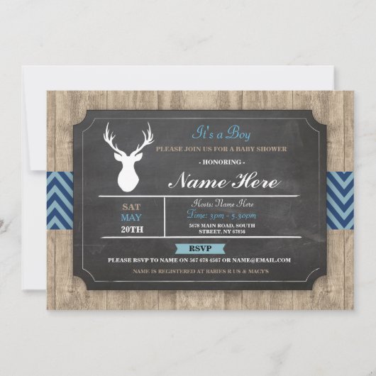 Invitation Faire part de Baby Shower Garçon Craie Rustique An (Devant)