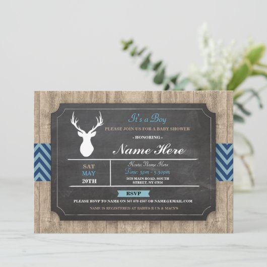 Invitation Faire part de Baby Shower Garçon Craie Rustique An (Debout devant)