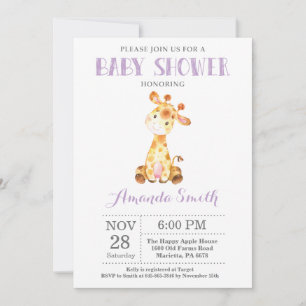 Invitation Faire part de Baby Shower Girafe Violet et Gris