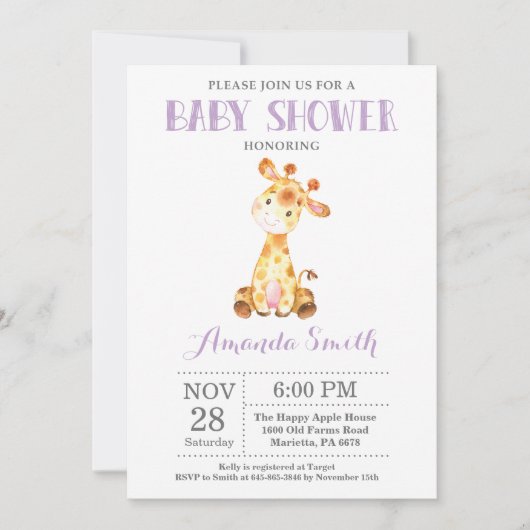 Invitation Faire part de Baby Shower Girafe Violet et Gris (Devant)