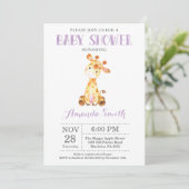 Invitation Faire part de Baby Shower Girafe Violet et Gris (Debout devant)