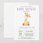 Invitation Faire part de Baby Shower Girafe Violet et Gris (Devant / Derrière)