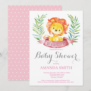 Invitation Faire part de Baby Shower Lionne Fille Rose et Gri
