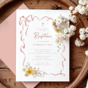 Invitation Faire part de baptême floral rose