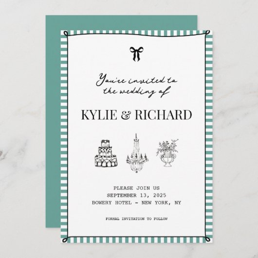 Invitation Faire part de bordure rayée sarcelle (Devant / Derrière)