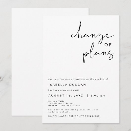 Invitation Faire part de changement de plans de mariage minim (Devant / Derrière)