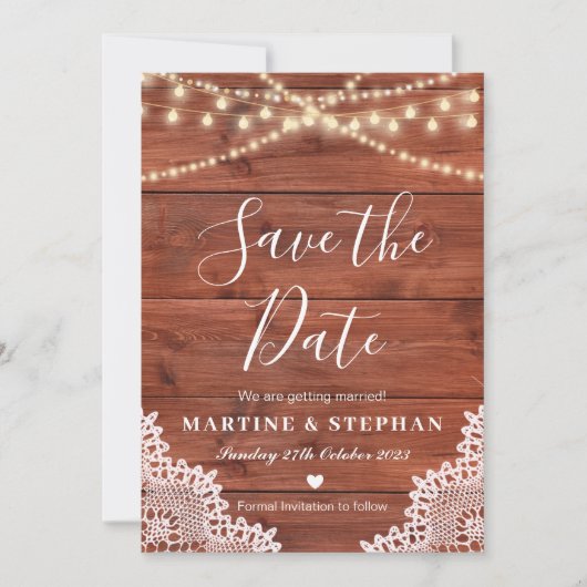 Invitation Faire part de date de mariage avec dentelle rustiq (Devant)