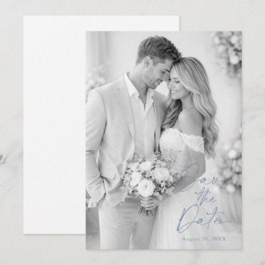 Invitation Faire part de date de mariage en bleu poussiéreux (Devant / Derrière)