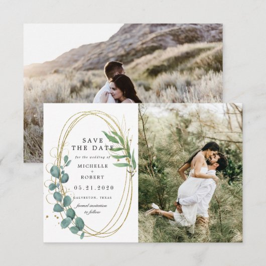 Invitation Faire part de date de mariage Eucalyptus doré et f (Devant / Derrière)