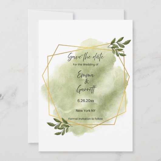 Invitation Faire part de date moderne avec feuille verte (Devant)