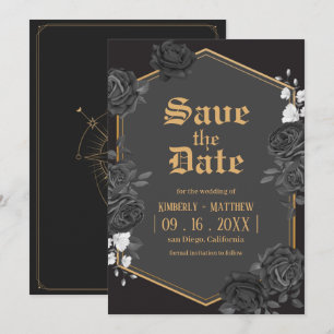 Invitation Faire part de mariage à la rose damas noir Save Th