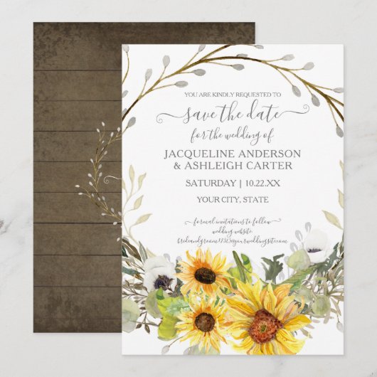 Invitation Faire part de mariage aquarelle Fleur de Soleil Ru (Devant / Derrière)