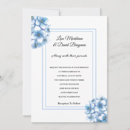 Invitation faire-part de mariage-Blue Hydrangeas (Devant)