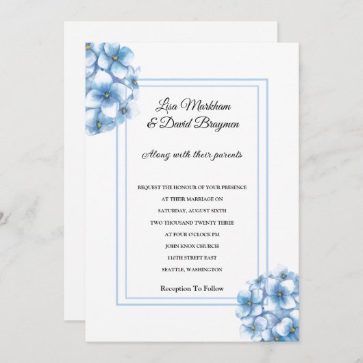 Invitation faire-part de mariage-Blue Hydrangeas (Devant / Derrière)