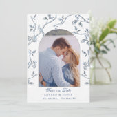 Invitation Faire part de mariage couple toile bleue et blanch (Debout devant)