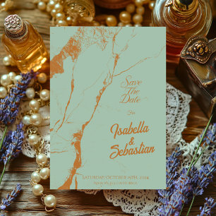 Invitation Faire part de mariage élégant bleu et marbre cuivr