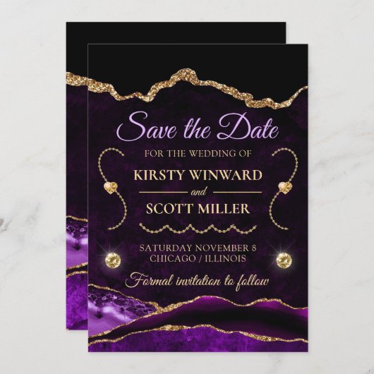 Invitation Faire part de mariage en agate et marbre doré viol (Devant / Derrière)