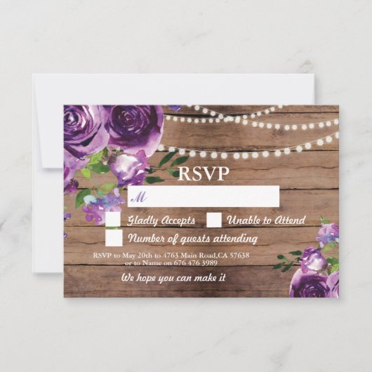 Invitation Faire part de mariage en bois avec fleurs violette (Devant)