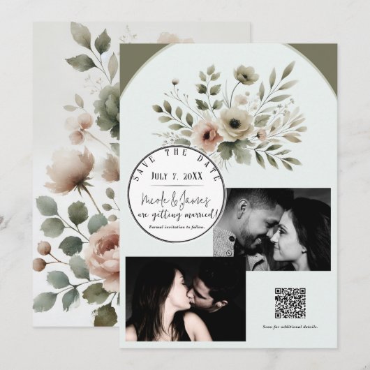 Invitation Faire part de mariage floral aquarelle vert olive  (Devant / Derrière)