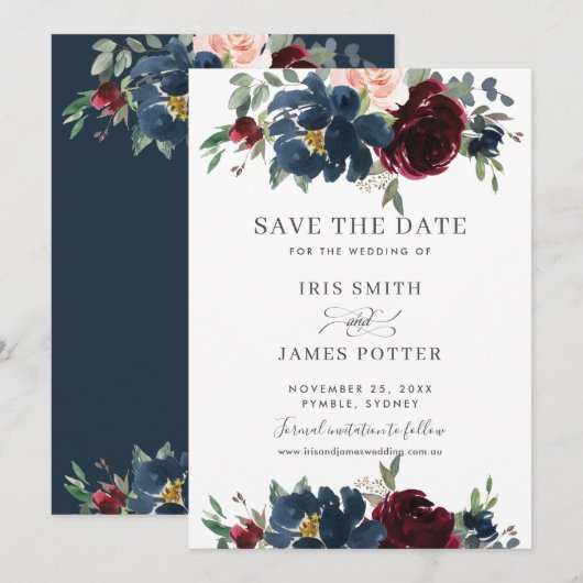 Invitation Faire part de mariage floral Burgundy Navy Blush (Devant / Derrière)