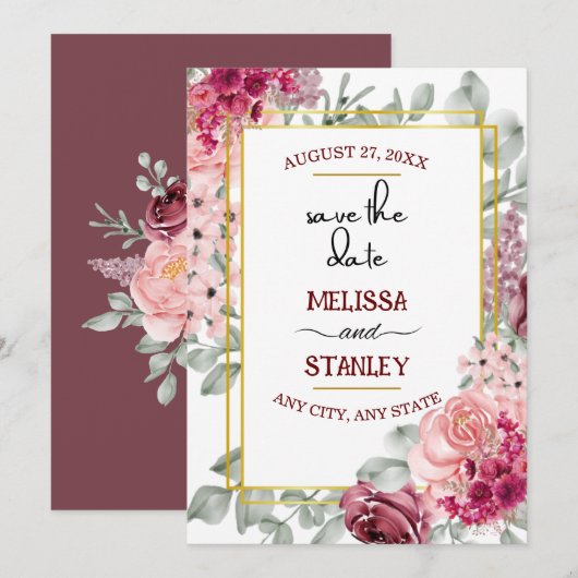 Invitation Faire part de mariage floral rose burgundy rustiqu (Devant / Derrière)