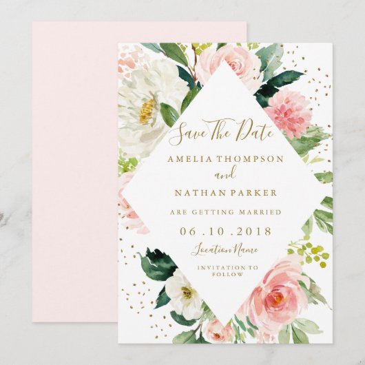 Invitation Faire part de mariage géométrique floral rose doré (Devant / Derrière)