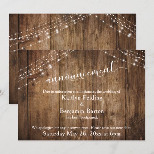 Invitation Faire part de mariage reporté aux lumières en bois (Devant / Derrière)